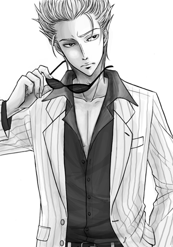 coat, collarbone, hirayama_yukio, ichigou_(pixiv), lowres, male, monochrome, nise-akagi, open_clothes, open_shirt, pinstripe_pattern, pinstripe_suit, shirt, striped, sunglasses
