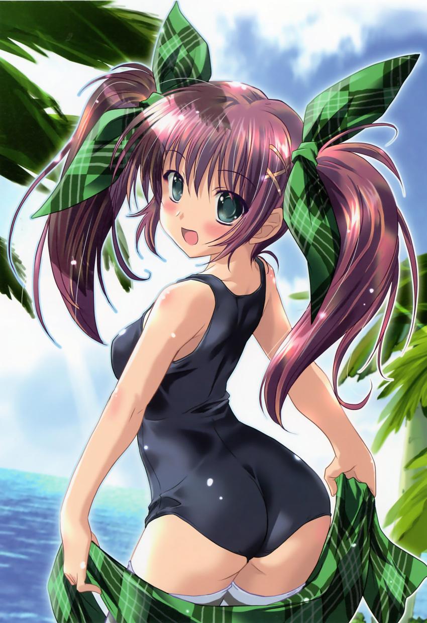 :d, absurdres, ass, bare_shoulders, blue_sky, blush, cloud, clouds