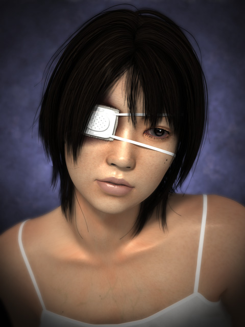 asian, black_hair, eyepatch, freckles, realistic, solo, yoshitaka_kawakami