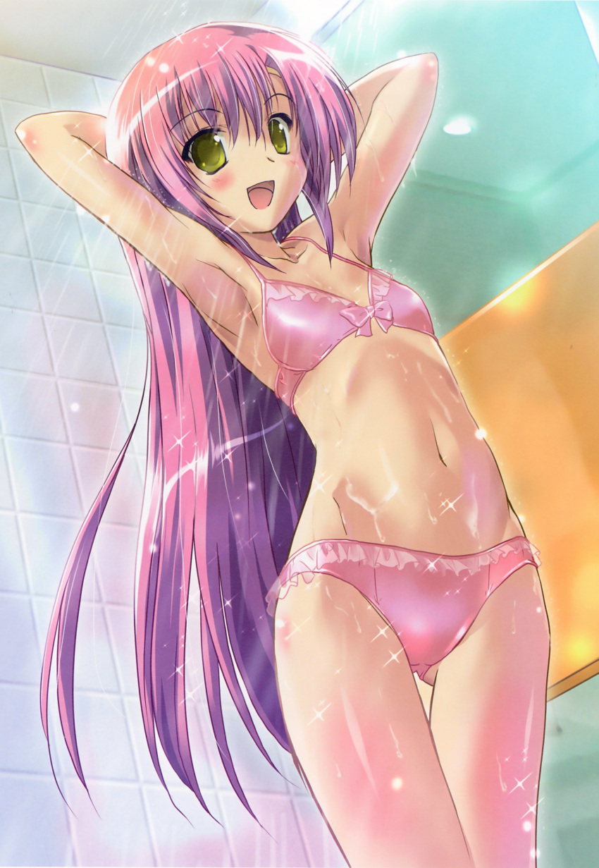 :d, absurdres, armpits, arms_up, bare_shoulders, bikini, blush, collarbone