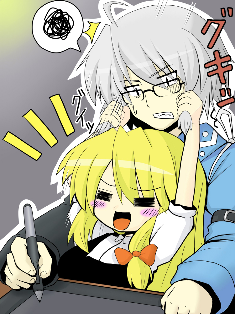 1girl, 53, =_=, ahoge, belt, black_eyes, blonde_hair, bow