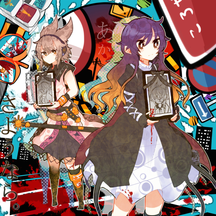 bad_id, belt, blonde_hair, blood, bracelet, brown_eyes, brown_hair, building