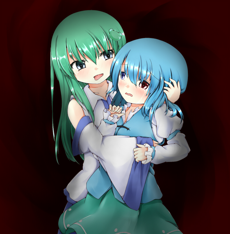 blue_eyes, blue_hair, blush, detached_sleeves, frog_hair_ornament, green_hair, hair_ornament, heterochromia