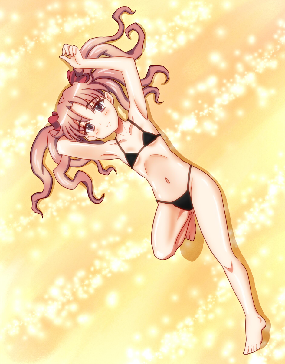 barefoot, bikini, brown_eyes, brown_hair, chunpai, feet, flat_chest, highres, loli, long_hair, lying, shirai_kuroko, swimsuit, to_aru_kagaku_no_railgun, to_aru_majutsu_no_index, twintails