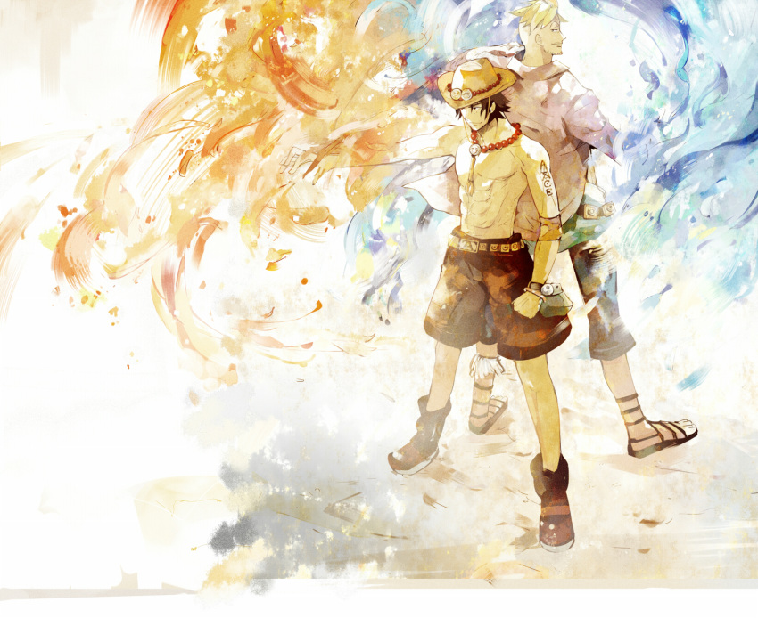 back-to-back, bad_id, black_hair, blonde_hair, blue_fire, facial_hair, fire, freckles