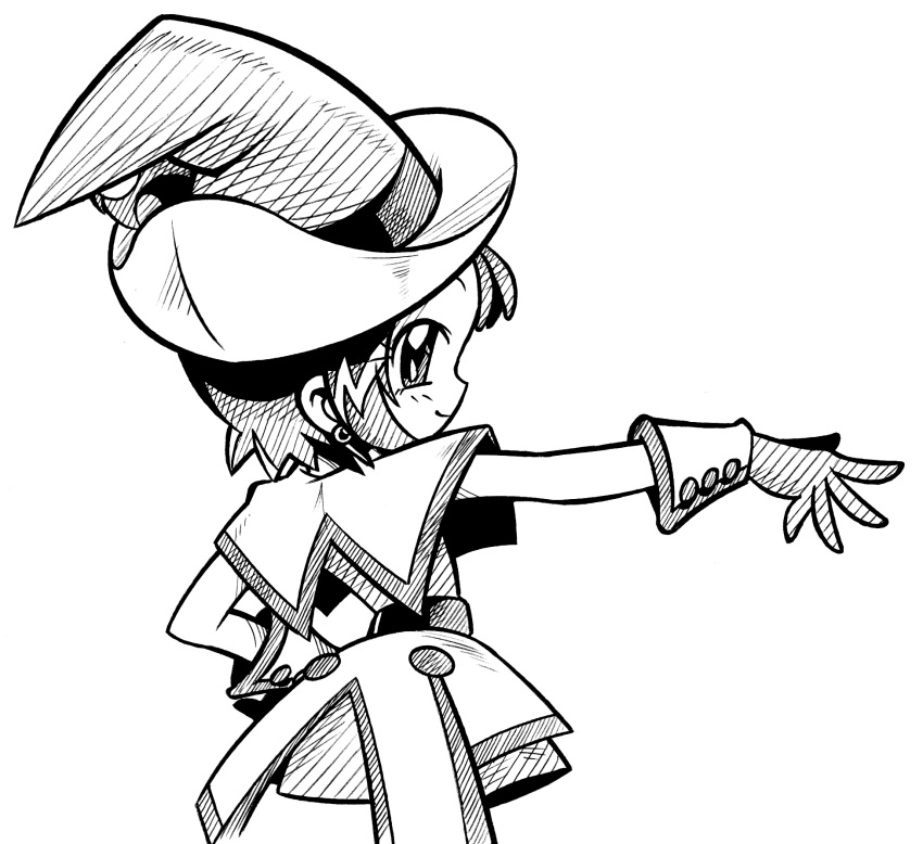 arukime, child, gloves, hand_on_hip, hat, highres, hips, looking_back, monochrome, ojamajo_doremi, outstretched_hand, segawa_onpu, short_hair, smile, solo, witch_hat