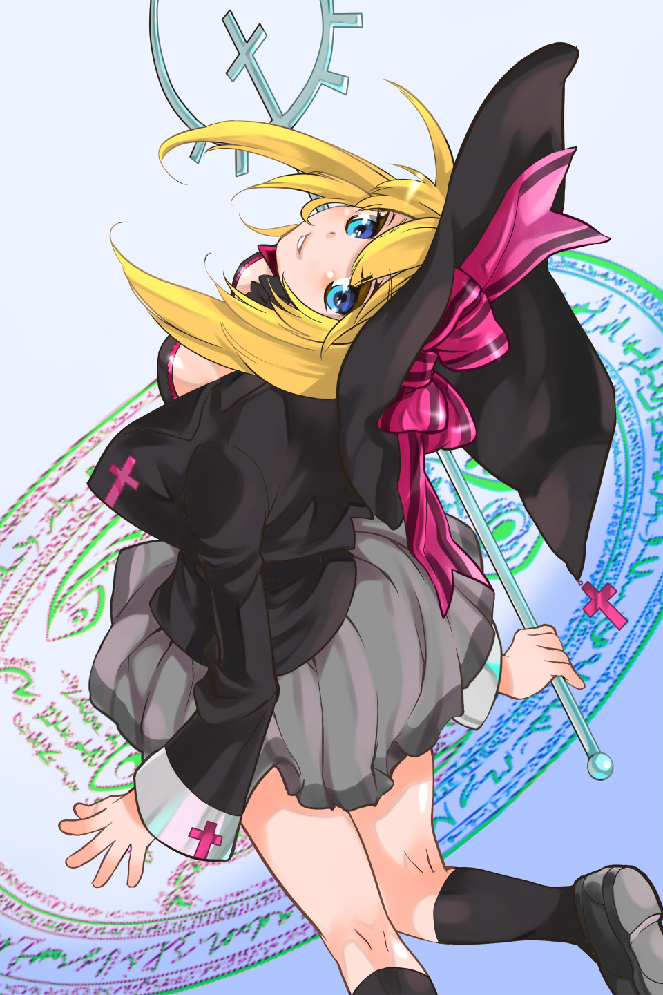back, black_legwear, blazer, blonde_hair, blue_eyes, breasts, cleavage, cross, hat, hat_ribbon, highres, looking_back, magic_circle, original, ribbon, silversnow, skirt, smile, socks, witch, witch_hat