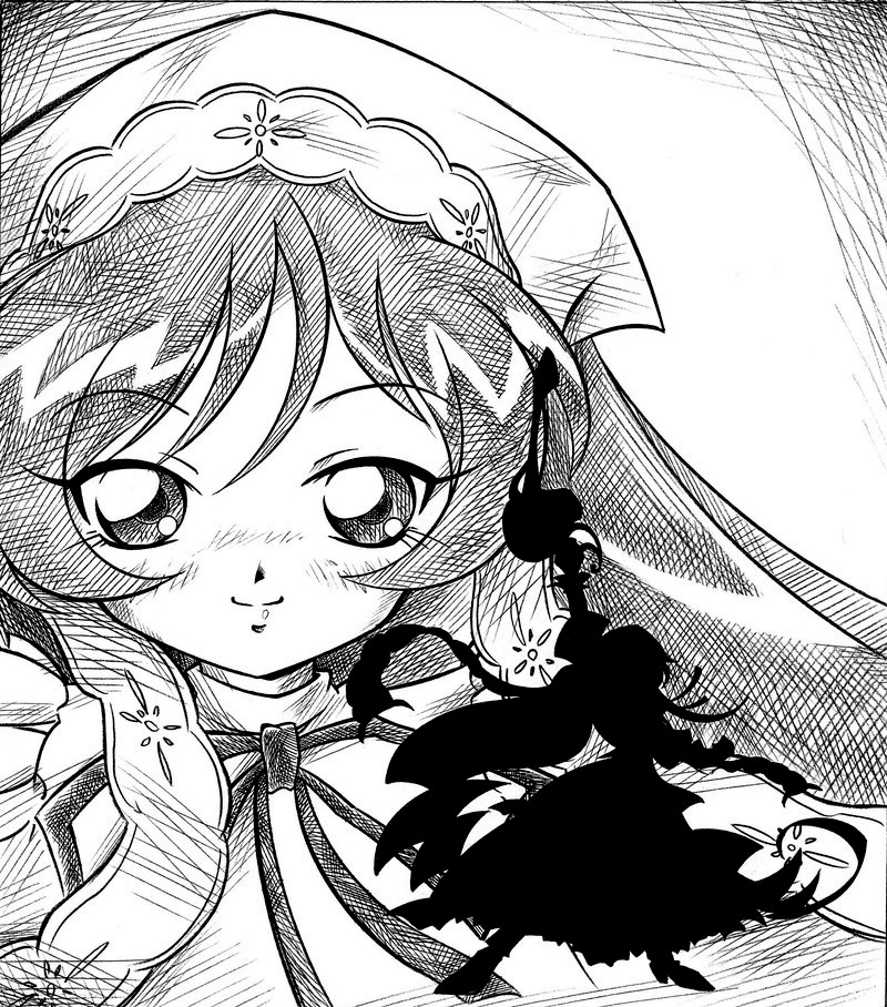 arukime, dress, hat, long_hair, monochrome, rozen_maiden, silhouette, smile