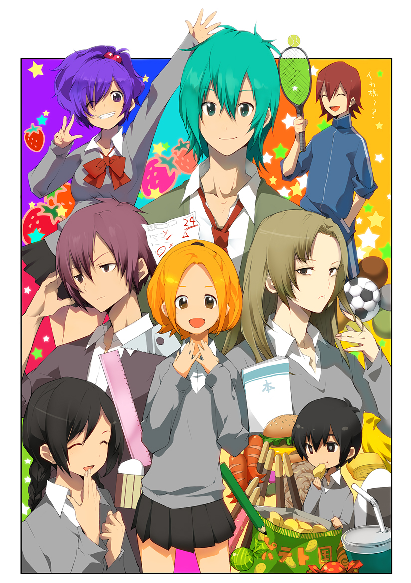 4girls, asao-san_to_kurata-kun, asao_ran, azuma_kentarou_(asao-san), ball, basketball, black_hair, blue_hair, book, braid, brown_eyes, brown_hair, eating, eraser, everyone, food, fruit, hamburger, hashimoto_arisa, hashimoto_yumi, inudera_kousuke, jersey, kurata_sunao, long_hair, multiple_boys, multiple_girls, orange_hair, pocky, ponytail, potato_chips, purple_hair, racket, saiki_erika, school_uniform, short_hair, soccer_ball, strawberry, sugi_(asao-san), sweater, track_jacket, tujisaki, twin_braids