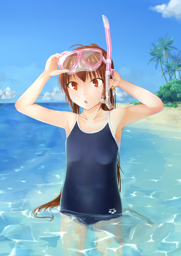 :o, arena_(company), arms_up, beach, blue, brown_hair, child, diving_mask, flat_chest, little_busters!!, long_hair, natsume_rin, ocean, one-piece_swimsuit, open_mouth, outdoors, ponytail, red_eyes, rico_(remilia), school_swimsuit, snorkel, solo, standing, submerged, surprised, swimsuit, wading, water, wet