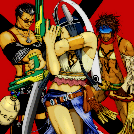 3boys, auron, bare_shoulders, belt, bikini_top, blue_hair, braska, brown_hair