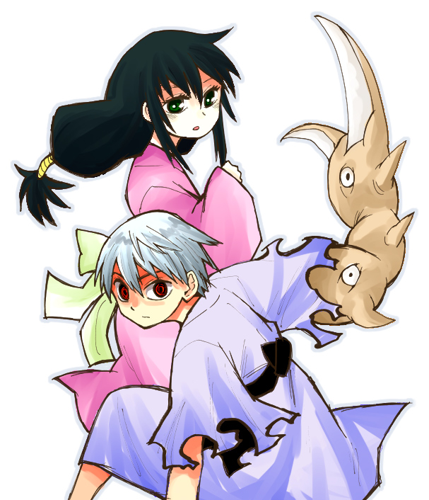 1girl, black_hair, green_eyes, japanese_clothes, kimono, mizukami_satoshi, red_eyes, sengoku_youko