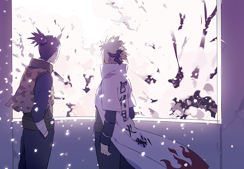 black_hair, blonde_hair, cherry_blossoms, coat, headband, i_(kaiyou), long_hair, male, multiple_boys, namikaze_minato, nara_shikaku, naruto, petals, short_hair