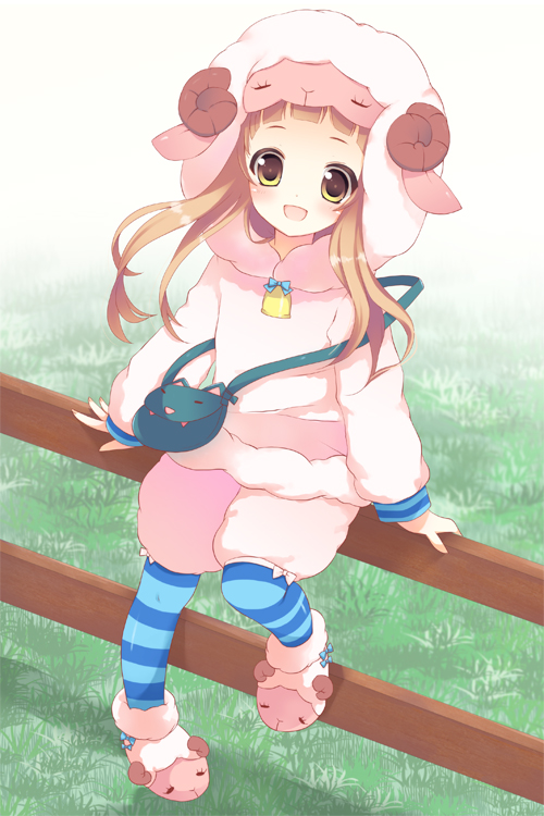 :d, animal_costume, animal_ears, animal_slippers, bad_id, bell, brown_hair, fence