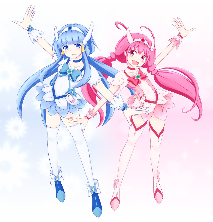 aoki_reika, arm_up, blue_dress, blue_eyes, blue_hair, boots, bow, chocomelon