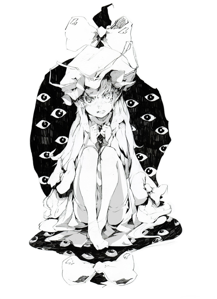 absurdres, dress, eyes, highres, konnanottenaiyo, monochrome, sitting, solo, thigh-highs, thighhighs, touhou, yakumo_yukari