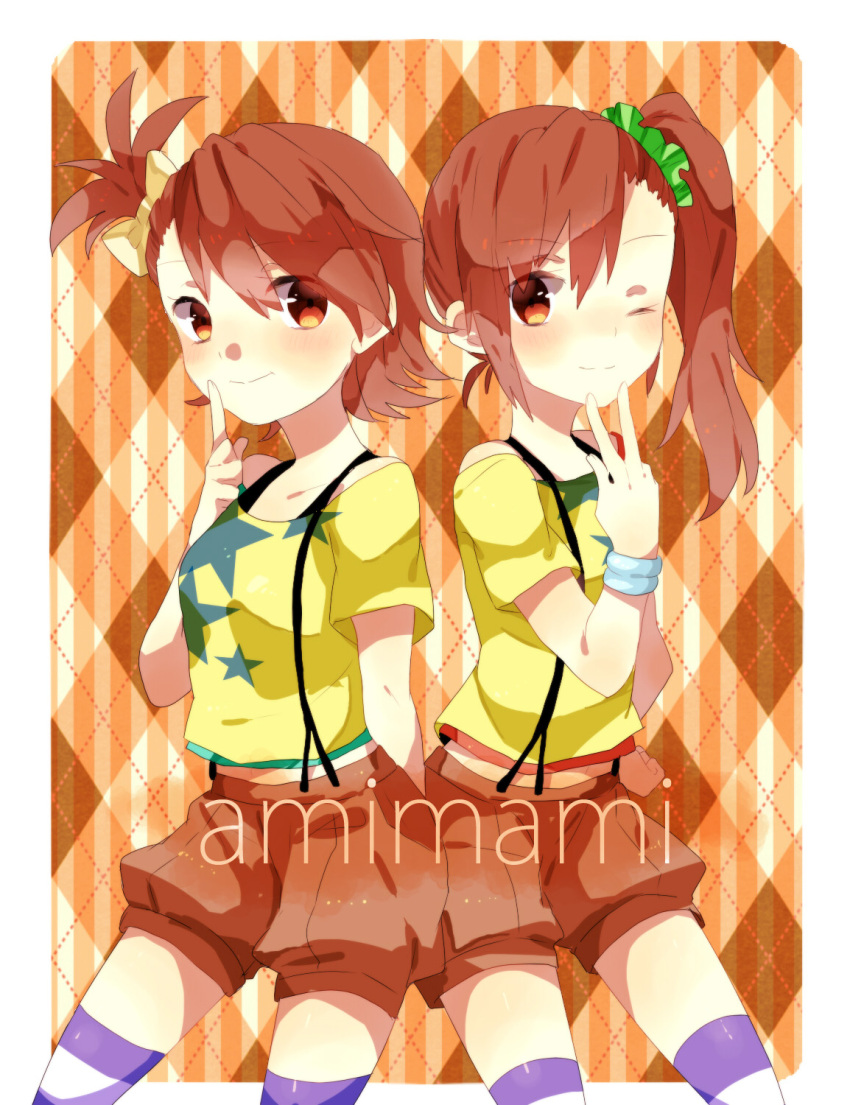 brown_eyes, brown_hair, character_name, futami_ami, futami_mami, hand_on_hip, highres, hips, idolmaster, long_hair, multiple_girls, riiu, scrunchie, short_hair, shorts, side_ponytail, smile, striped, striped_legwear, suspenders, t-shirt, thigh-highs, thighhighs, wink