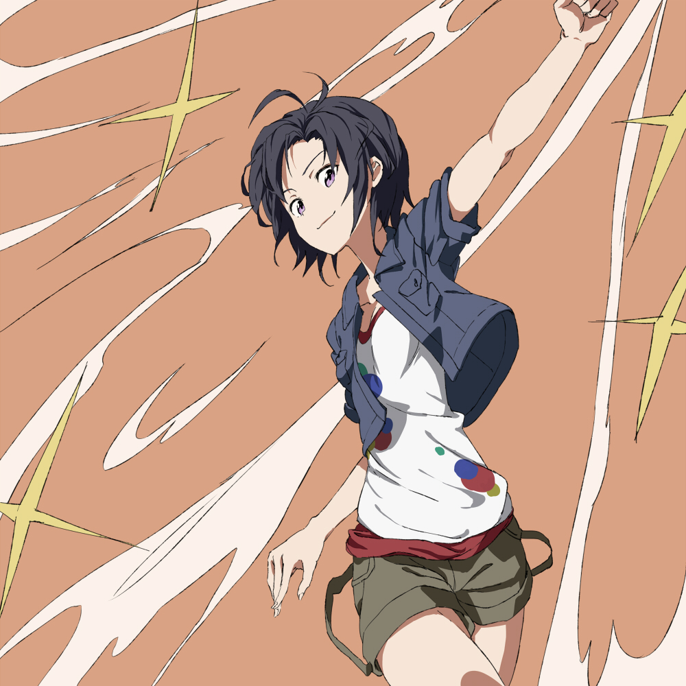 black_hair, idolmaster, jacket, kikuchi_makoto, purple_eyes, short_hair, shorts, smile, solo, tonton, violet_eyes