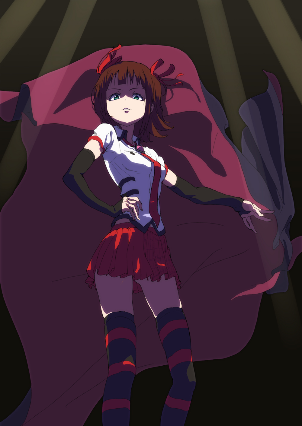amami_haruka, black_gloves, brown_hair, cape, dark_haruka, elbow_gloves, fingerless_gloves, gloves