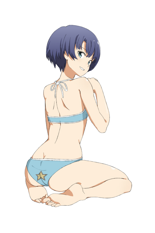 ano_natsu_de_matteru, ass, barefoot, bikini, blue_eyes, blue_hair, butt_crack, feet, from_behind, looking_back, short_hair, simple_background, sitting, smile, solo, star, swimsuit, tanigawa_kanna, tonton, wariza, white_background
