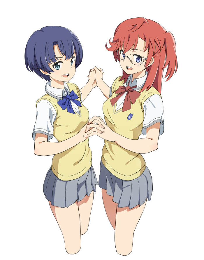 ano_natsu_de_matteru, blue_eyes, blue_hair, cropped_legs, glasses, hand_holding, holding_hands, long_hair