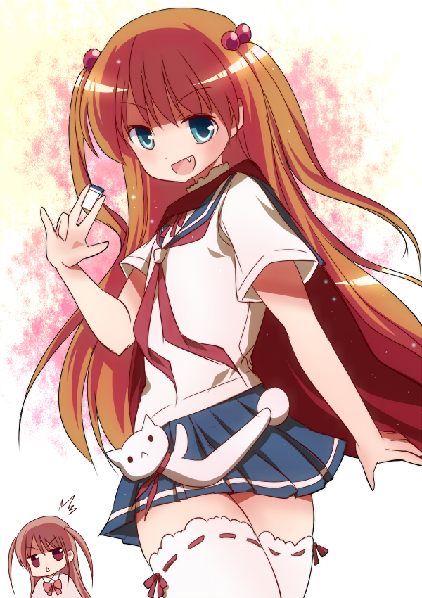 alternate_hairstyle, atarashi_ako, brown_hair, cape, fang, green_eyes, hair_bobbles, hair_ornament