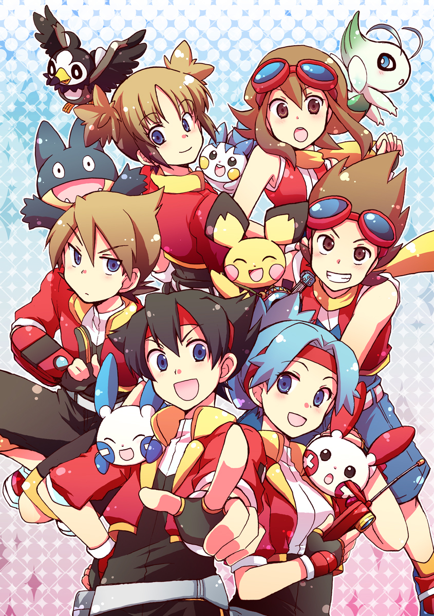 3boys, 3girls, bad_id, bad_pixiv_id, ben_(pokemon), black_hair, blue_hair, brown_hair