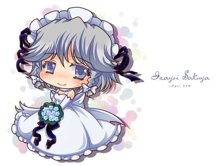 chibi, dress, hairband, iris_(artist), iris_anemone, izayoi_sakuya, ribbon, touhou