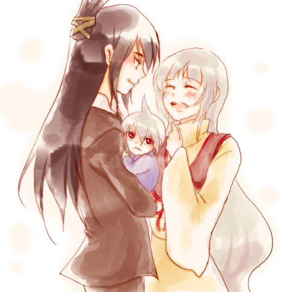 2boys, age_difference, baby, black_hair, blush, carrying, chizu_(tuduru), closed_eyes, couple, eyes_closed, family, father_and_son, formal, happy, husband_and_wife, iron_maiden_jeanne, long_hair, mother_and_son, multiple_boys, red_eyes, shaman_king, smile, spoilers, suit, tao_men, tao_ren, white_hair