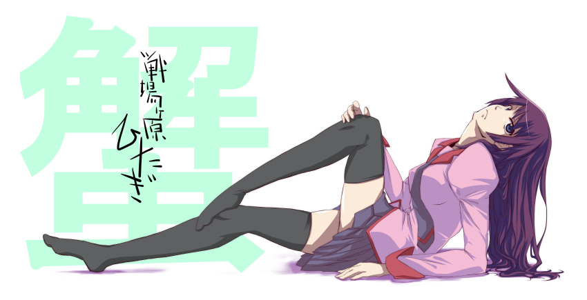 bad_anatomy, bakemonogatari, black_legwear, black_thighhighs, blue_eyes, highres, kntc, long_hair