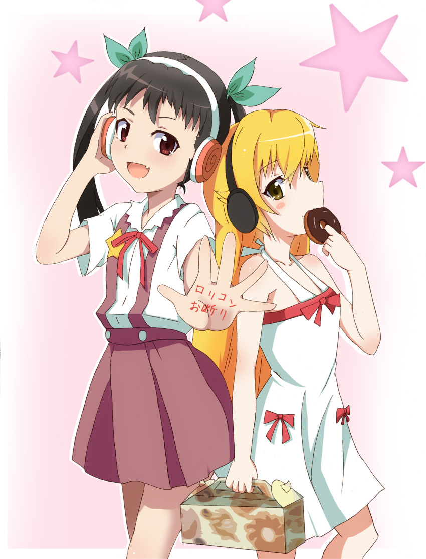 akumu_(hiziiiiii), back-to-back, black_hair, blonde_hair, box, doughnut, dress, hachikuji_mayoi