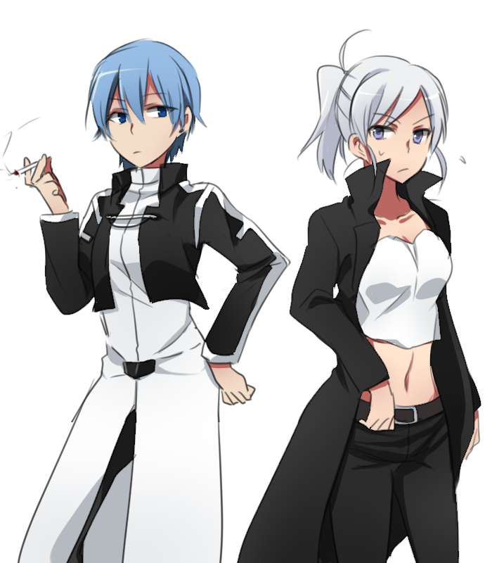 blue_eyes, blue_hair, cigarette, cosplay, costume_switch, fate/zero, fate_(series), long_coat, long_hair, melty_blood, multiple_girls, nagato123, natalia_kaminski, natalia_kaminski_(cosplay), pantyhose, riesbyfe_stridberg, riesbyfe_stridberg_(cosplay), seiyuu_connection, short_hair, silver_hair, tsukihime, watanabe_akeno, white_hair