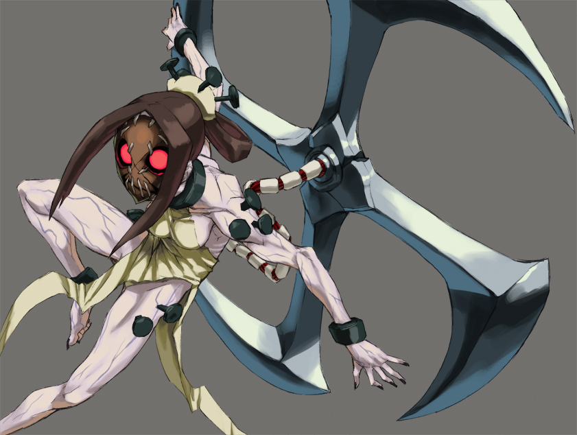 brown_hair, flat_chest, kuroino_(artist), mask, nail, painwheel_(skullgirls), pale_skin, red_eyes