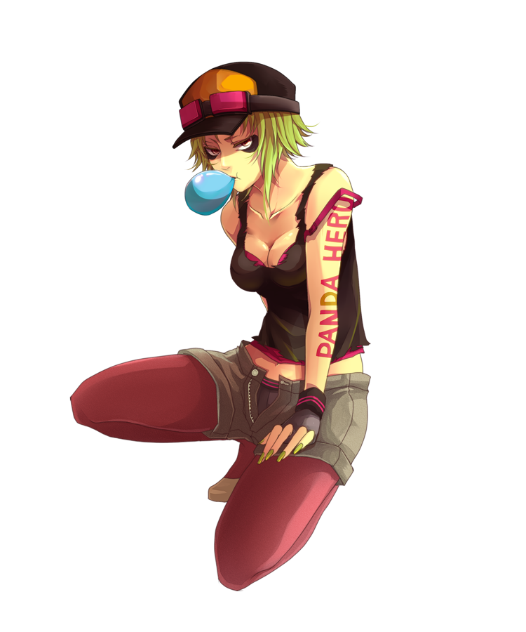 bags_under_eyes, bare_shoulders, body_writing, breasts, bubblegum, cleavage, collarbone, domco, eyeshadow, fingerless_gloves, gloves, goggles, goggles_on_hat, green_nails, grey_hair, gumi, hat, kneeling, legwear_under_shorts, looking_at_viewer, makeup, nail_polish, one_knee, open_fly, open_shorts, panda_hero_(vocaloid), panties, panties_under_pantyhose, pantyhose, red_legwear, short_shorts, shorts, sleeveless, solo, squatting, tank_top, tattoo, title_drop, transparent_background, underwear, unzipped, vocaloid