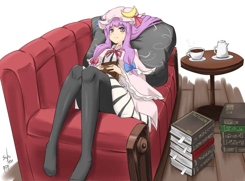 black_legwear, book, couch, crescent, cup, cushion, dress, hat