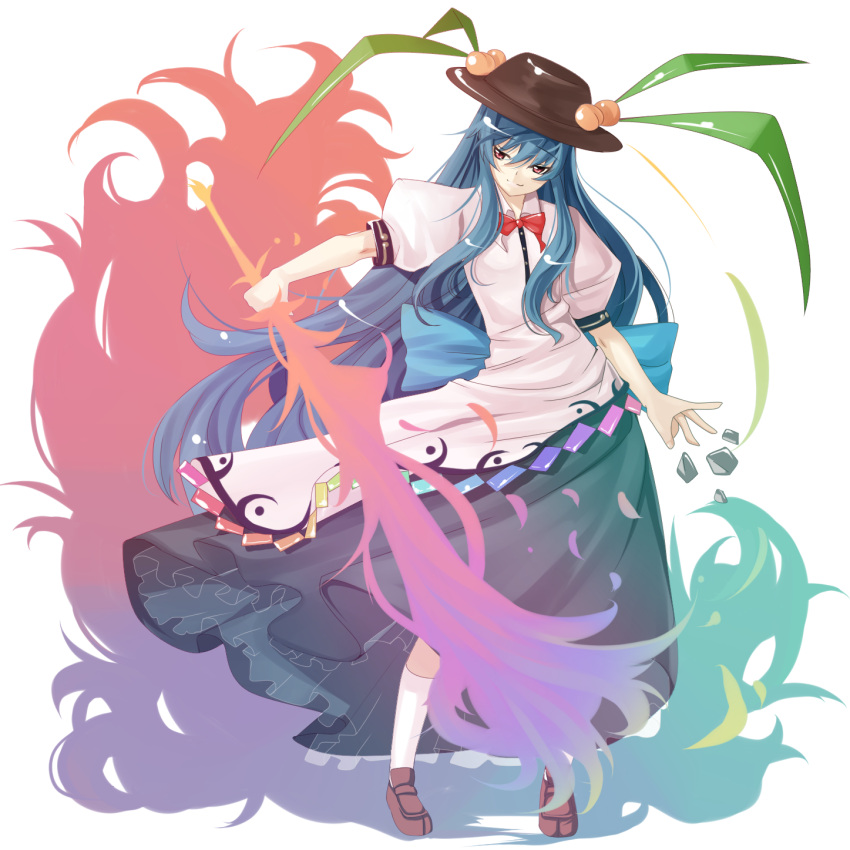 blue_hair, boots, fire, food, fruit, hat, highres, hinanawi_tenshi