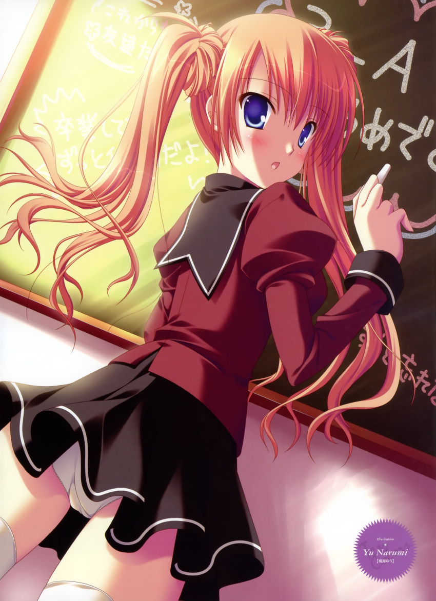 blonde_hair, blue_eyes, chalkboard, dengeki_moeoh, dengeki_moeou, highres, looking_back, narumi_yuu, narumi_yuu_(bunbukudou), panties, pantyshot, skirt, thighhighs, underwear, yu_narumi