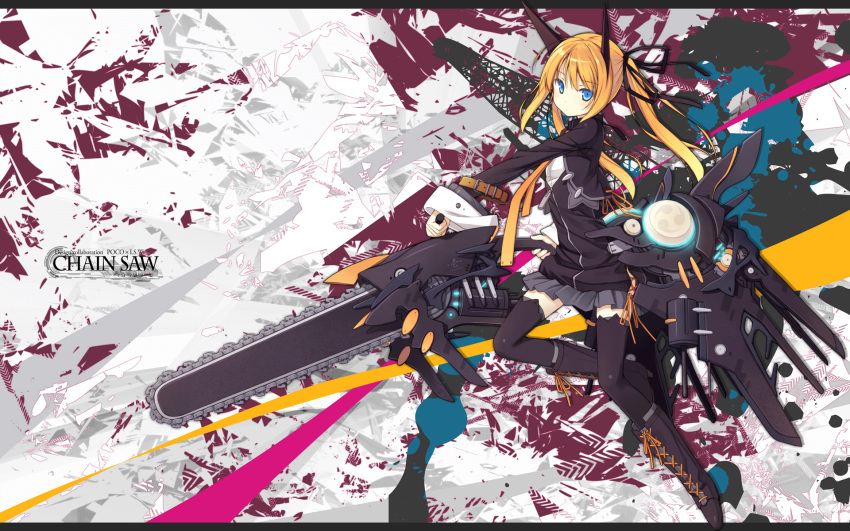 animal_ears, black_legwear, blonde_hair, blue_eyes, boots, chainsaw, collaboration, cross-laced_footwear, hair_ribbon, highres, hiiragi_ryo, hiiragi_ryou, lace-up_boots, letterboxed, original, poko, ribbon, skirt, solo, thighhighs, twintails, wallpaper, weapon