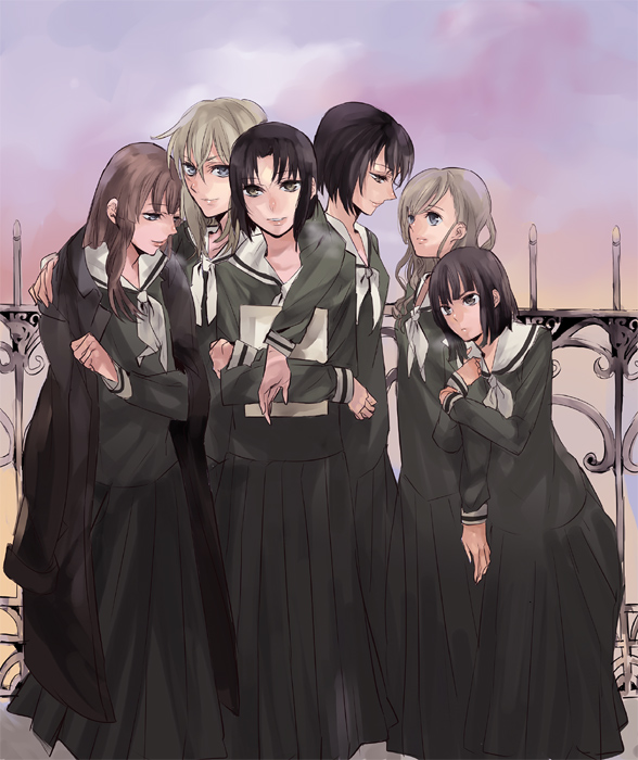 arm_hug, black_hair, blonde_hair, blue_eyes, brown_hair, fence, grey_eyes, hug, jacket_on_shoulders, jealous, kanina_shizuka, kubo_shiori, long_hair, long_skirt, maria-sama_ga_miteru, mizuno_youko, mochako, mochako_(motyako), multiple_girls, nijou_noriko, outdoors, satou_sei, school_uniform, serafuku, shizuka_kanina, short_hair, silver_hair, skirt, sky, smile, toudou_shimako