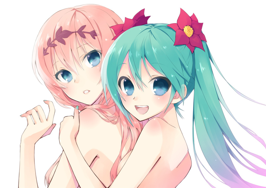 2girls, aqua_hair, blue_eyes, hatsune_miku, hijikini, long_hair, megurine_luka, no_bra, nude, pink_hair, twintails, vocaloid