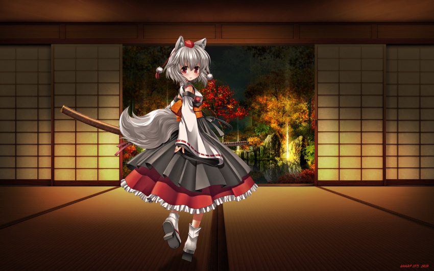 animal_ears, blush, grey_hair, hat, inubashiri_momiji, katana, kei_(pixiv), photoshop