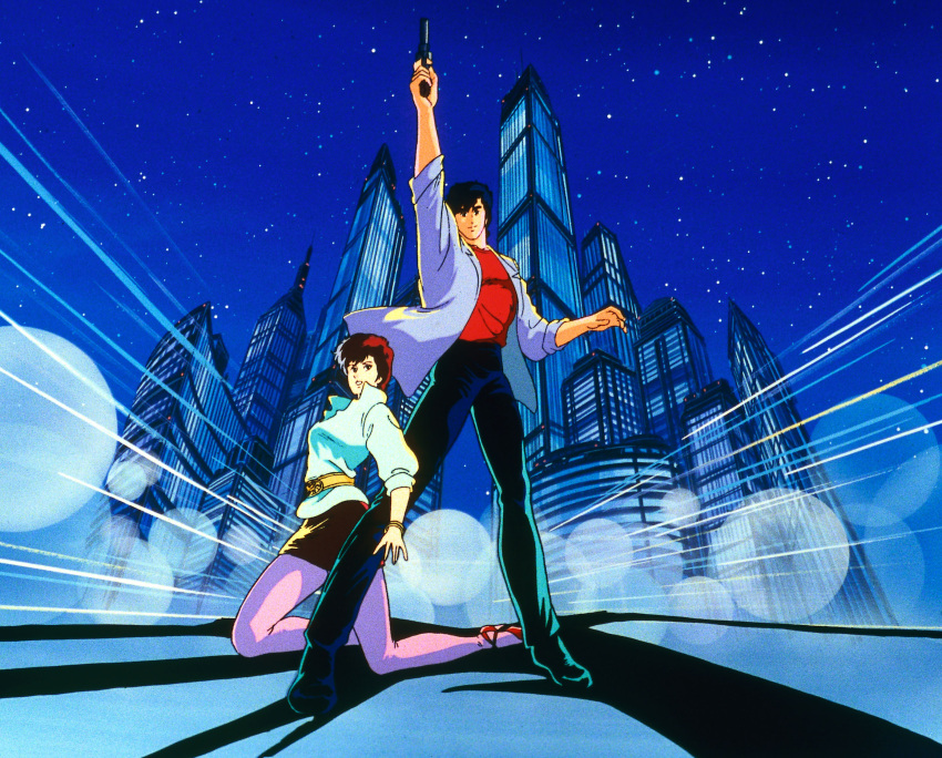 city, city_hunter, gun, makimura_kaori, night, saeba_ryo, scan, sky, weapon