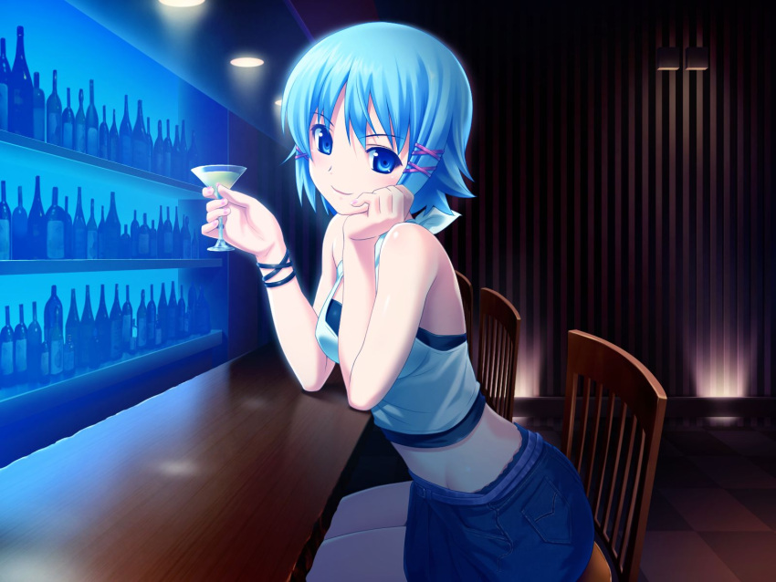 blue_eyes, blue_hair, drink, game_cg, himuro_rikka, jpeg_artifacts, koutaro, short_hair
