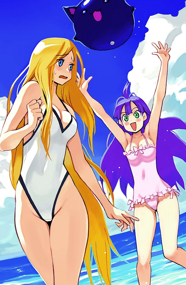 alouette_(la_pucelle), ball, beach, beachball, blonde_hair, blue_eyes, breasts, eclair