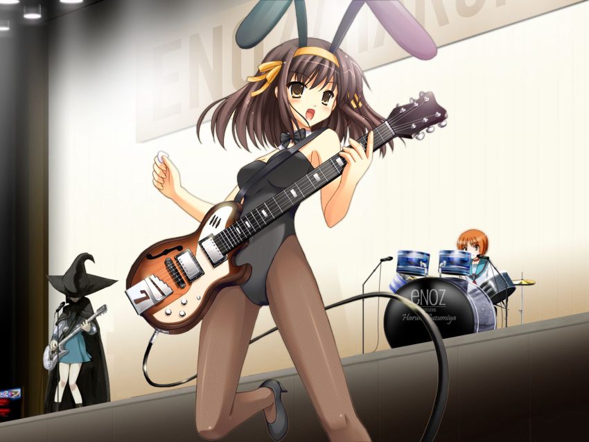 animal_ears, bunnygirl, guitar, instrument, leotard, nagato_yuki, okajima_mizuki, suzumiya_haruhi