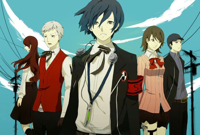 3boys, arisato_minato, armband, blue_hair, bow, brown_eyes, brown_hair, choker