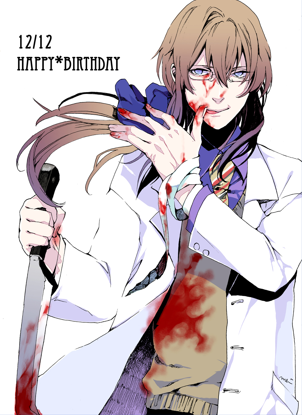 blood, blue_eyes, bow, brown_hair, glasses, hatoful_kareshi, highres, iwamine_shuu