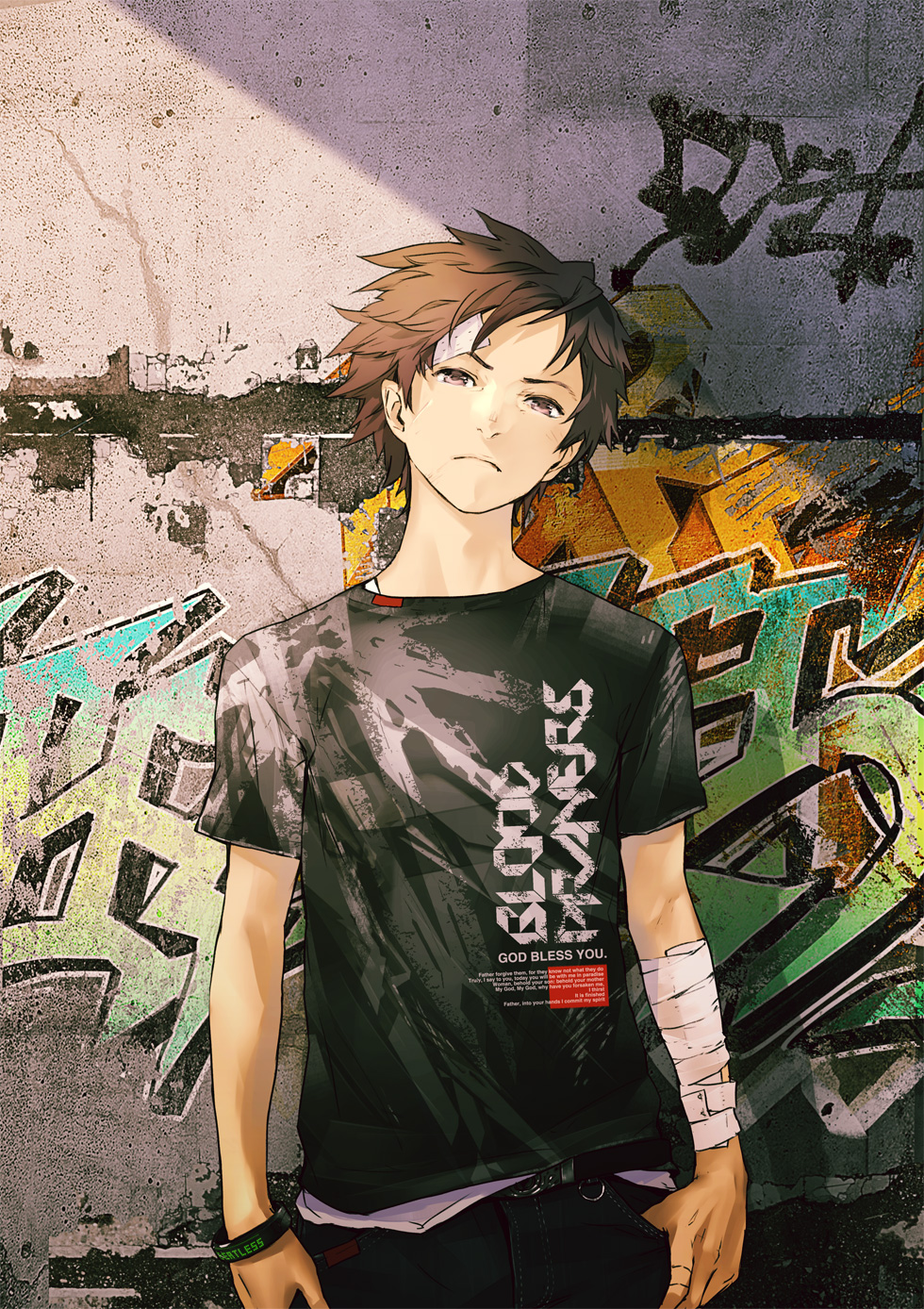 1boy, bandages, bandaid, beatless, bracelet, brown_hair, endou_arato, english