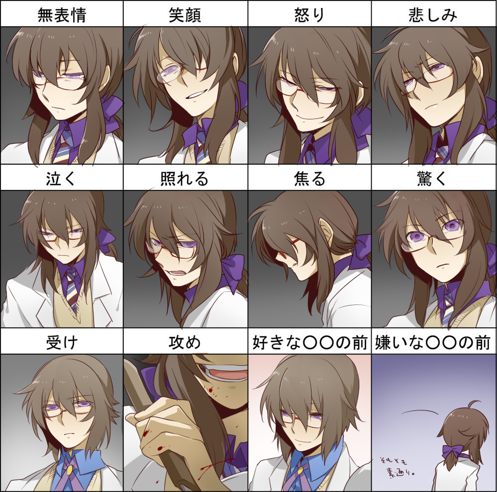alternate_hairstyle, annoyed, blood, bow, bowtie, brown_hair, chart, close-up, expressions, glasses, hatoful_kareshi, isa_souma, iwamine_shuu, knife, labcoat, long_hair, looking_at_viewer, male, multiple_views, open_mouth, personification, purple_eyes, serious, silverpop_night, smile, solo, spoilers, teeth, tongue, translation_request, violet_eyes, weapon