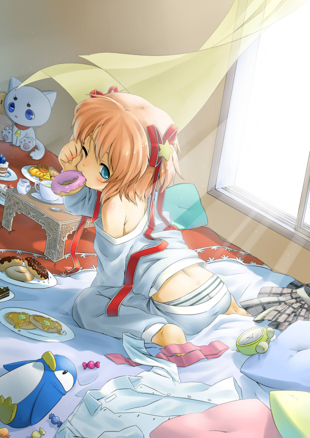 barefoot, bed, bird, blonde_hair, blue_eyes, cake, child, clock